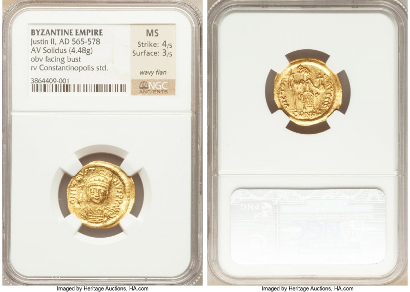 Justin II (AD 565-578). AV solidus (20mm, 4.48 gm, 6h). NGC MS 4/5 - 3/5, wavy f...