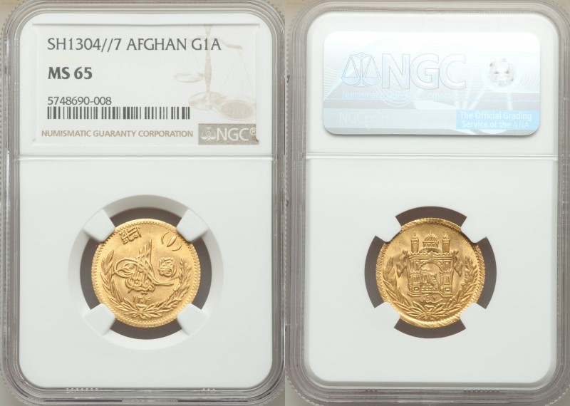 Amanullah gold Amani SH 1304 Year 7 (1925) MS65 NGC, Afghanistan mint, KM912. Sa...