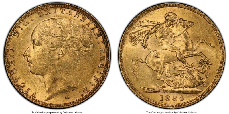 Victoria gold "St. George" Sovereign 1884-M AU58 PCGS, Melbourne mint, KM7, S-38...