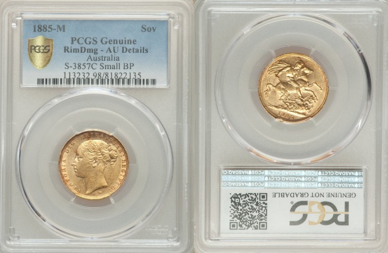 Victoria gold "St. George" Sovereign 1885-M AU Details (Rim Damage) PCGS, Melbou...