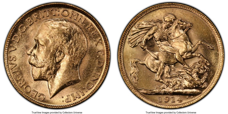 George V gold Sovereign 1914-M MS63 PCGS, Melbourne mint, KM29, S-3999. AGW 0.23...