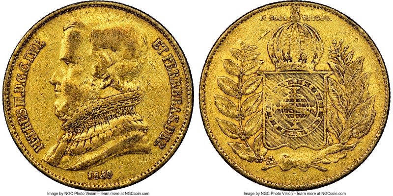 Pedro II gold 20000 Reis 1849 VF35 NGC, Rio de Janeiro mint, KM461. Mintage: 6,4...