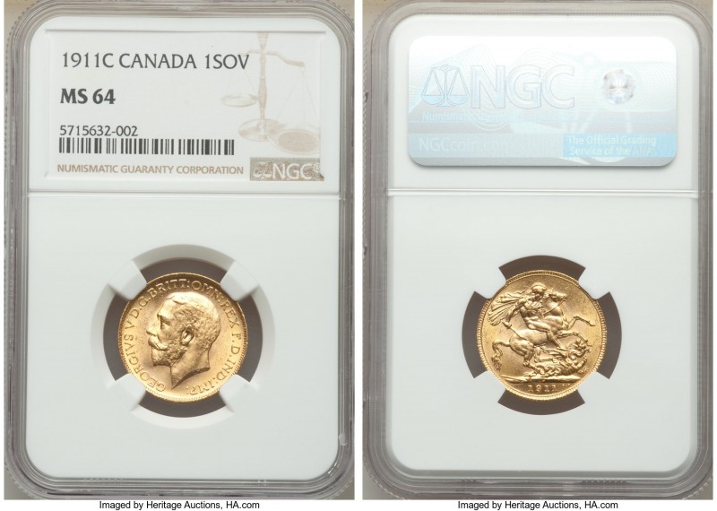 George V gold Sovereign 1911-C MS64 NGC, Ottawa mint, KM20. AGW 0.2355 oz, 

H...