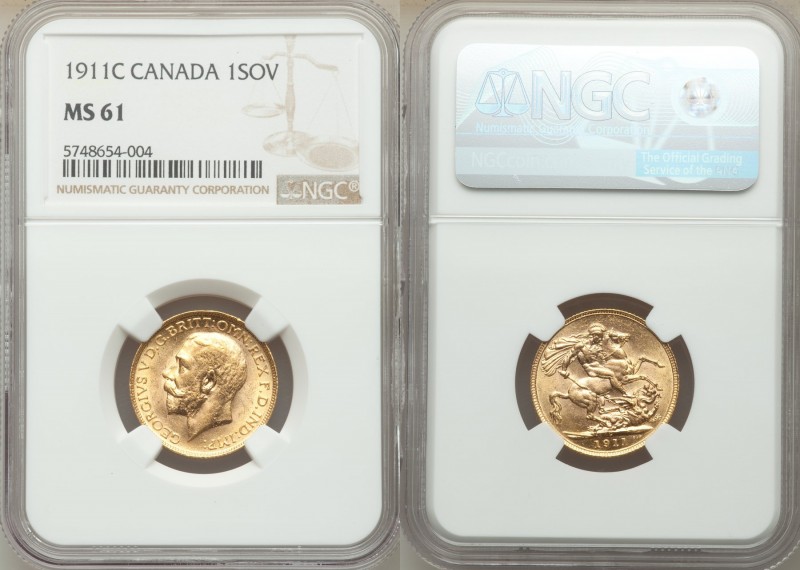 George V gold Sovereign 1911-C MS61 NGC, Ottawa mint, KM20. AGW 0.2355 oz. 

H...