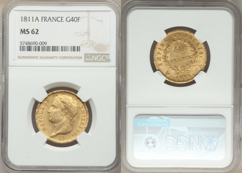 Napoleon gold 40 Francs 1811-A MS62 NGC, Paris mint, KM696.1. AGW 0.3734 oz. 
...