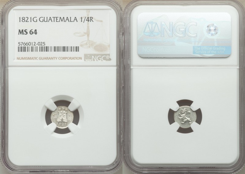 Ferdinand VII 1/4 Real 1821-G MS64 NGC, Nueva Guatemala mint, KM72. 

HID09801...