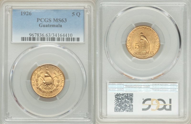 Republic gold 5 Quetzales 1926-(P) MS63 PCGS, Philadelphia mint, KM244. AGW 0.24...