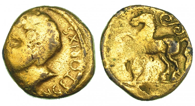 GALIA. Vercingetorix. Falsificación antigua. Bronce dorado. A/ Cabeza masculina ...