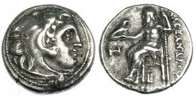 MACEDONIA. ALEJANDRO III. Dracma. Colofón (c. 323-319 a.C.). R/ Debajo del trono B, delante de Júpiter N. AR 4,24 g. PRC-1800. Leve oxidación. MBC.