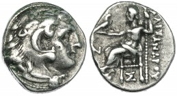 MACEDONIA. ALEJANDRO III. Dracma. Colofón (c. 310-301 a.C.). R/ Debajo del trono S, delante de Júpiter N. AR 4,27 g. PRC-1802. MBC/MBC-.
