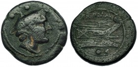 Sextante. Roma (Post. 211 a.C.). A/ Cabeza de Mercurio a der.; encima dos glóbulos. R/ Proa de nave a der.; encima Roma, debajo dos glóbulos. CRAW-56....