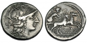 ATILIA. Denario. Roma (155 a.C.). R/ Debajo de la biga SAR. FFC-171. Craw-199.1a. SB-1. MBC.