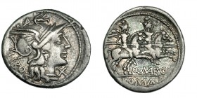 MARCIA. Denario. Roma (148 a.C.). A/ LIBO detrás de la cabeza de Roma. R/ Dióscuros, ley. Q. MARC y ROMA en cartela. FFC.848. SB-1. Craw-215.1. MBC-....
