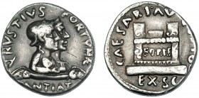 AUGUSTO. Denario. Roma (19 a.C.). A/ Cabeza de Fortuna Victrix y Fortuna Felix; Q RVSTIVS FORTVNAE/ANTIAT. R/ Altar. RIC-322. Sb-513. FFC-322. Rayitas...