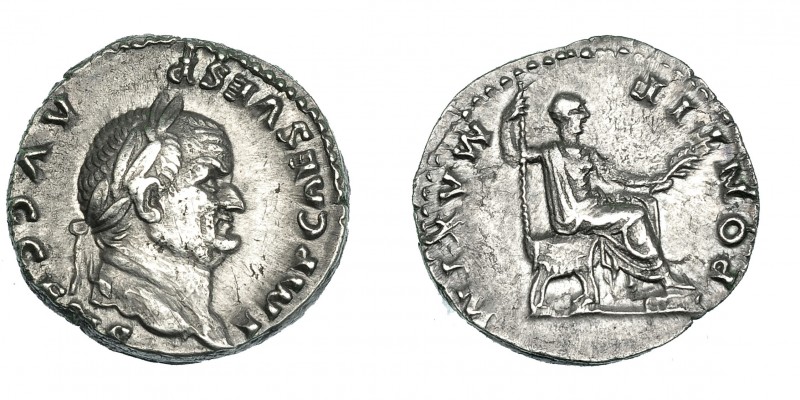 VESPASIANO. Denario. Roma (73 d.C.). R/ Vespasiano sentado a izq.; PONTIF MAXIM....