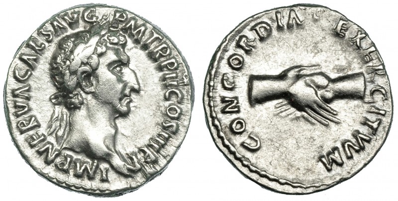 NERVA. Denario. Roma (97). A/ Cabeza laureada a der.; IMP. NERVA CAES. AVG. P.M....