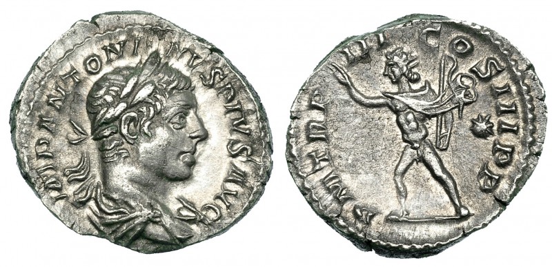 HELIOGÁBALO. Denario. Roma 220. A/ Busto laureado y drapeado a der. R/ Sol avanz...