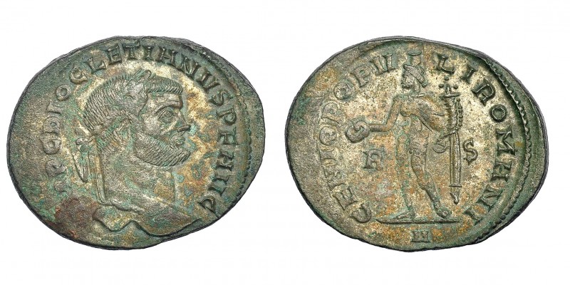 DIOCLECIANO. Follis. Roma (297-298). R/ GENIO POPVLI ROMANI, en campo R-S, exerg...