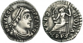 VALENTE. Silicua. Tréveris (364-373). R/ Roma entronizada a izq. con lanza y Victoria sobre globo; VRBS ROMA, en exergo TRPS. RIC-27b.