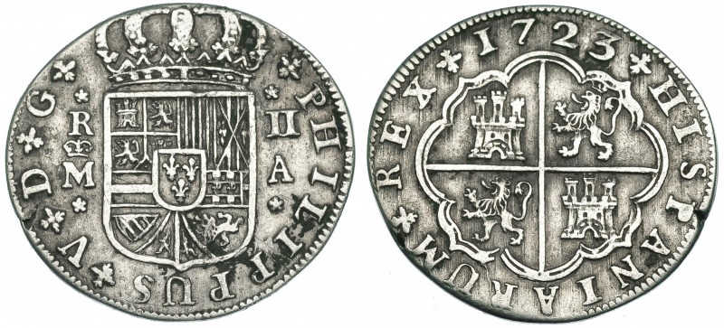 2 reales 1723. Madrid. A. VI-624. Pequeña grieta. MBC.