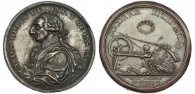 2 placas unifaces de plomo bronceadas de la medalla de Premio de la Real Sociedad Económica de Madrid. Grab. T. F. PRIETO. Villena 142. EBC.