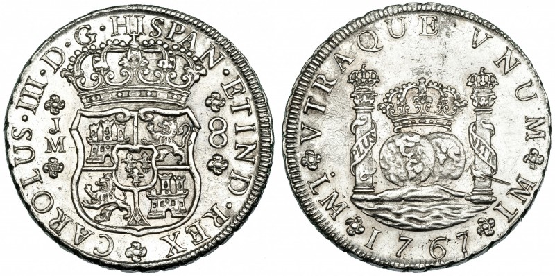 8 reales. 1767. LimaJM. VI-878. Ligeramente abrillantada. Raya en rev.