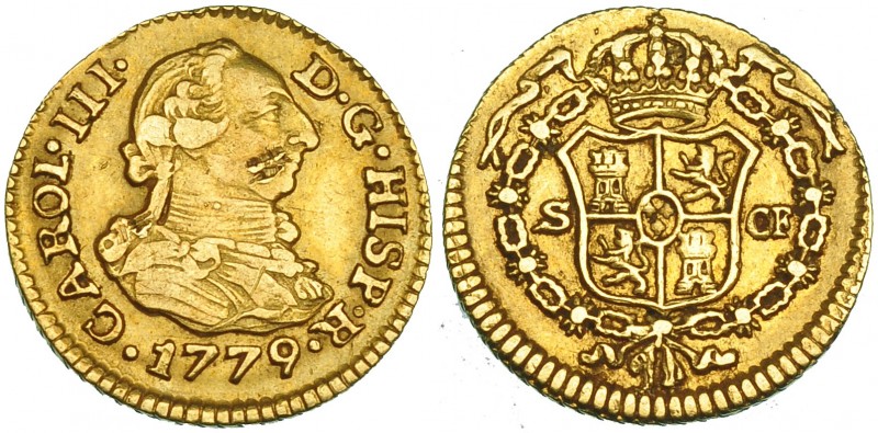 1/2 escudo. 1779. Sevilla. CF. VI-1088. Dos rayas en anv. MBC.