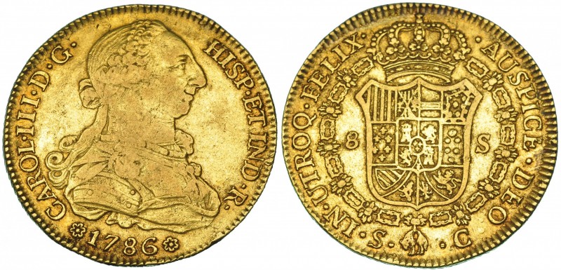 8 escudos. Sevilla C. 1786. VI-1781. MBC-/MBC.