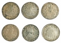 Lote 6 monedas de 8 reales: Lima (3), México (2) y Potosí (1). MBC-/MBC.