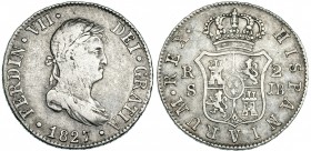 2 reales. 1827. Sevilla JB. VI-785. Rayitas. MBC-.