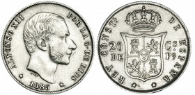 20 centavos de peso. 1885. Manila. VII-69. Limpiada. MBC+.
