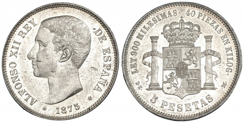 5 pesetas. 1875* 18-75. Madrid. DEM. VII-81. B.O: EBC+.