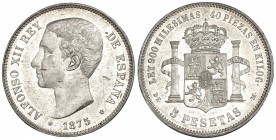 5 pesetas. 1875* 18-75. Madrid. DEM. VII-81. B.O: EBC+.