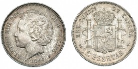 2 pesetas. 1894* 18-94. Madrid. PGV. VII-174. Pátina irregular. EBC-.