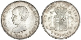 5 pesetas. 1890* 18-90. Madrid. MPM. VII-180. Pátina irregular. EBC-.