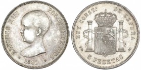 5 pesetas. 1891* 18-91. Madrid. PGM. VII-182. Ligera pátina. EBC.