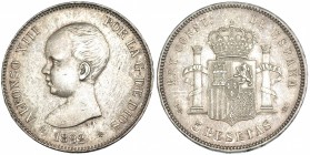 5 pesetas. 1892* 18-92. Madrid. PGM. VII-183. Ligeramente abrillantada. EBC.