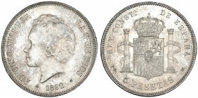 5 pesetas. 1892* 18-92. Madrid. PGM. VII-184. Pátina irregular. SC.