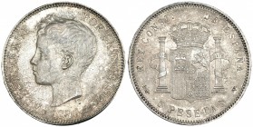 5 pesetas. 1896* 18-96. Madrid. PGV. VII-188. Pátina irregular. EBC..