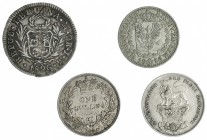 Lote 4 monedas módulo cuarto de "duro": chelín 1826 y 1834, 2 reales 1826 Lima, 1/6 de tálero 1826 Prusia. Calidad media MBC.