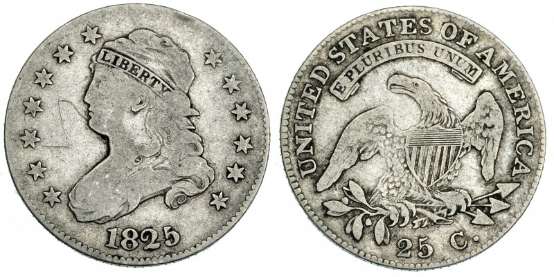 ESTADOS UNIDOS. 25 centavos. 1825. KM-44. Raya en anv. BC+/MBC-. Rara.