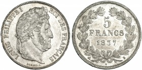 FRANCIA. 5 francos. 1837 B. KM 749.2. MBC+.