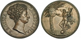 SUECIA. Cristina de Suecia. Medalla. Sin fecha (1680). R/ Genio alado con palma escribiendo sobre escudo en una palmera. G. D. MAXIMA. Grabador: I. H....