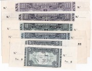 BANCO DE ESPAÑA EN BILBAO. Lote de 6 billetes 1-1937: 5 (2), 50, 100, 500 y 1.000 ptas. Pequeñas arrugas y daños en esquinas, con doble matriz y sin n...