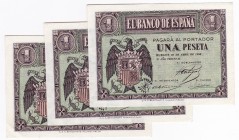 BANCO DE ESPAÑA. BURGOS. 1 peseta.4-1938. Trío correlativo. Serie H. ED-D29a. SC.