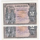 BANCO DE ESPAÑA. BURGOS. 2 pesetas.4-1938. Pareja correlativa. Serie D. ED-D30a. SC.