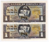 BANCO DE ESPAÑA. 1 peseta. 9-1940. Pareja correlativa. Serie E. ED-D43a. SC.