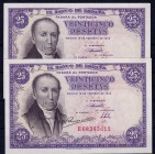 BANCO DE ESPAÑA. 25 pesetas. 2-1946. Pareja correlativa. Serie E. Ed-61a. SC.