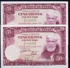 BANCO DE ESPAÑA. 50 pesetas. 12-1951. Pareja correlativa. Serie A. ED-D63a. SC.
