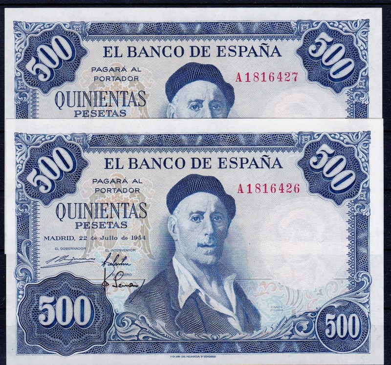 BANCO DE ESPAÑA. 500 pesetas. 7-1954. Pareja correlativa. Serie A. ED-D69a. SC.....